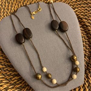 Bonnie J Wood Bead and Seed Beads Long Gold Tone Necklace